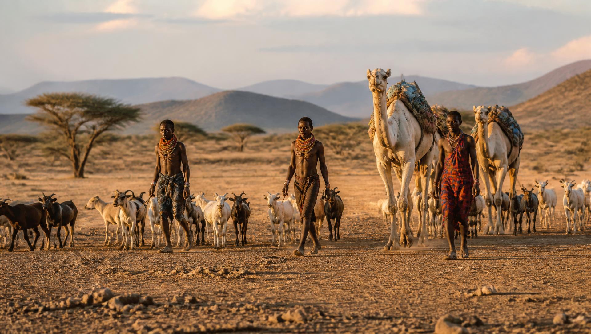 Pastoralist herders walking with goats and camels across the Turkana plains at golden hour