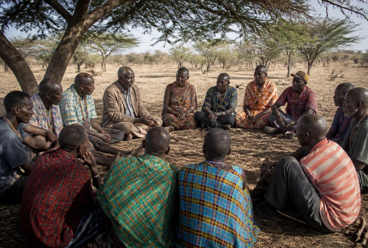 Community elders and youth seated in a circle during a peace dialogue under an acacia tree