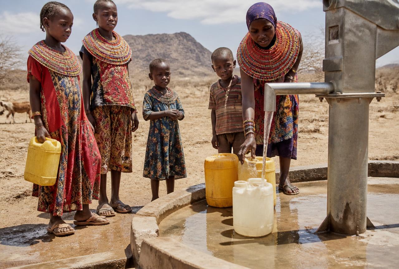 Women and children collecting clean water at a borehole in an arid landscape